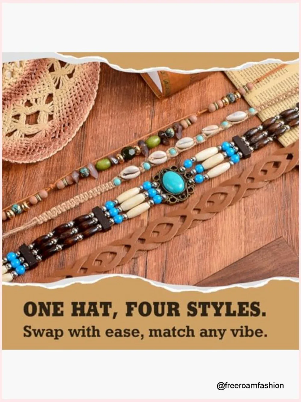 Foldable Straw Cowgirl Hat with Interchangeable Bands, Sun Protection